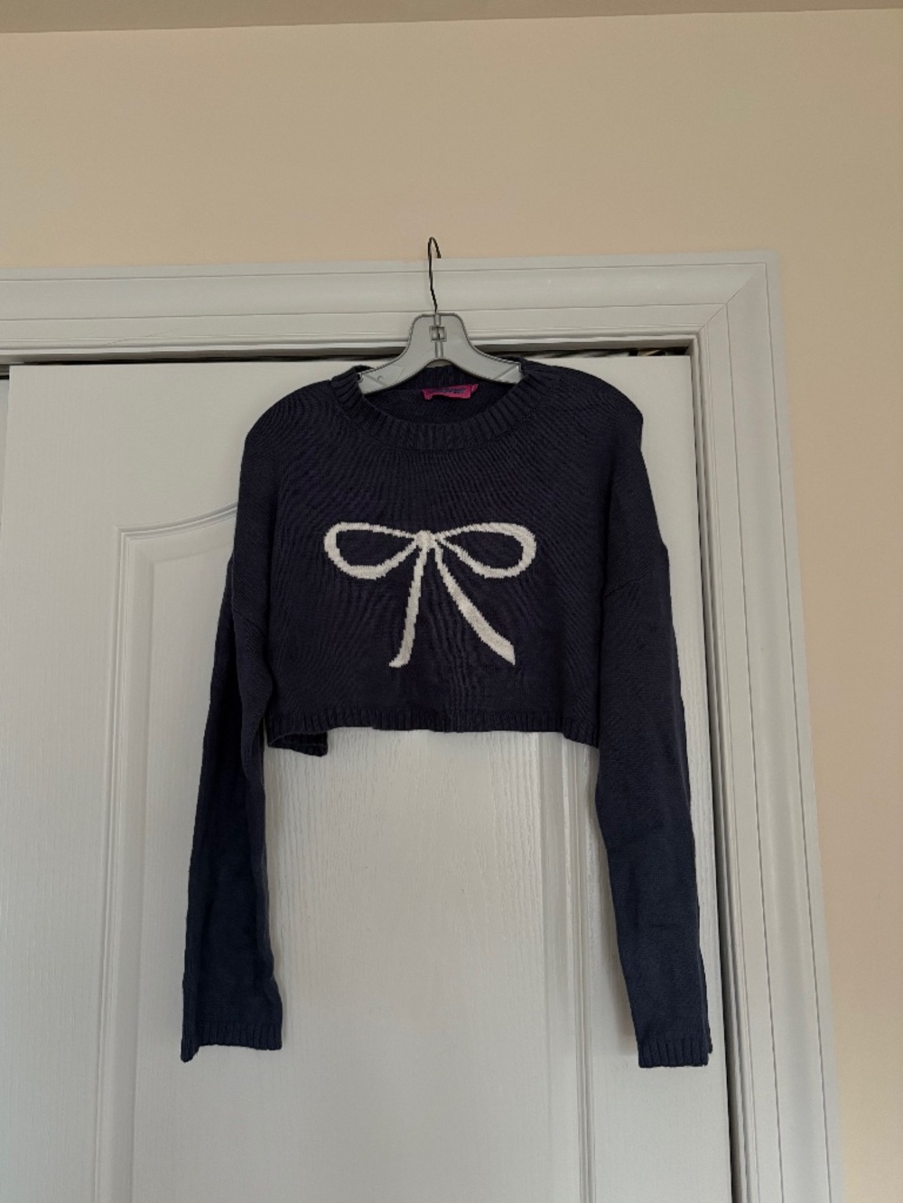 Edikted Navy Blue Knit Bow Cropped Sweater Crewneck Size XS/S Coquette